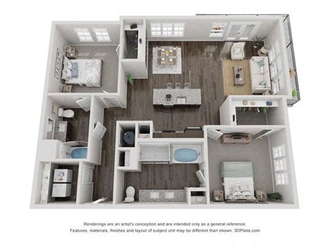 Floor plan for 2 beds, 2 baths, 1303 sqft